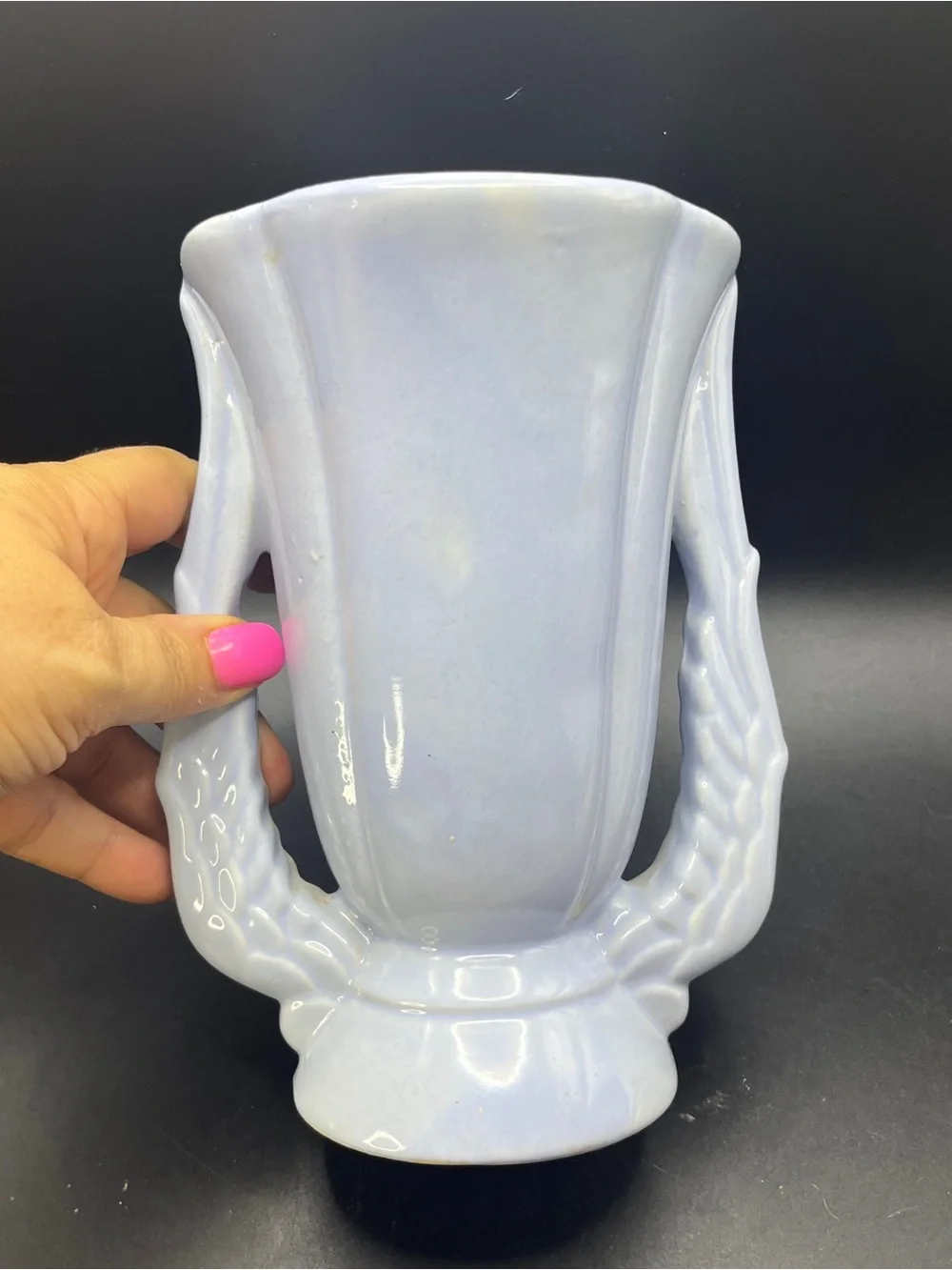 Vintage Niloak Pottery Winged Victory Vase Art Deco Double Wing Handle Blue